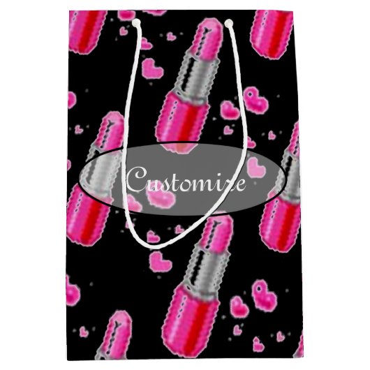 Roze en zwarte lipstick - tas met wieltjes medium cadeauzakje (Voorkant)
