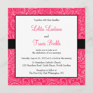 Roze en zwarte mini Paisley Wedding Invitation Kaart