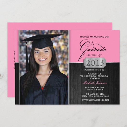 Roze en zwarte moderne aankondiging van Afstuderen (Voorkant / Achterkant)