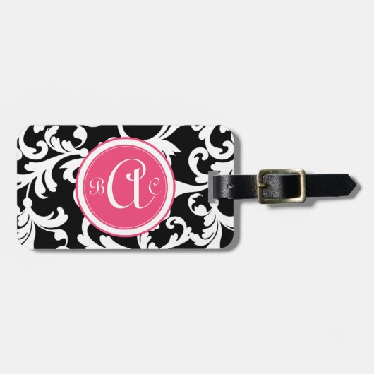 Roze en zwarte monogrammen Damask Print Bagagelabel (Voorkant horizontaal)