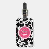 Roze en zwarte monogrammen Damask Print Bagagelabel (Voorkant verticaal)