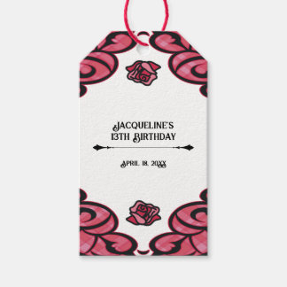 Roze en Zwarte Omrande Roos Prinses Verjaardag Cadeaulabel
