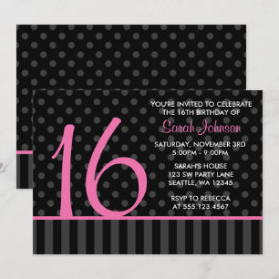 Roze en zwarte poka Dot Stripes Sweet 16 Birthday Kaart