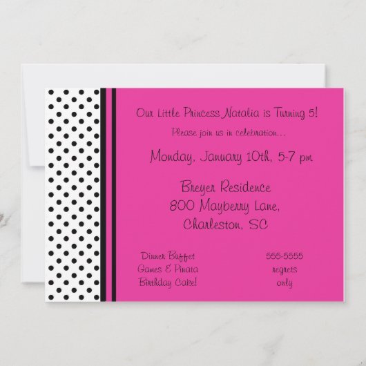 Roze en zwarte prinses 5 x 7 Birthday-uitnodiginge Kaart (Achterkant)