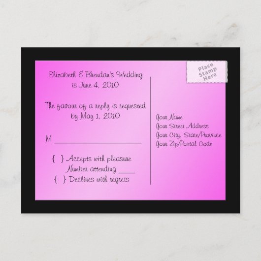Roze en zwarte R.S.V.P Briefkaart (Achterkant)