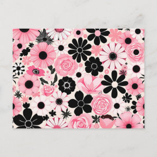 Roze en zwarte retro botanische bloemen patroon briefkaart