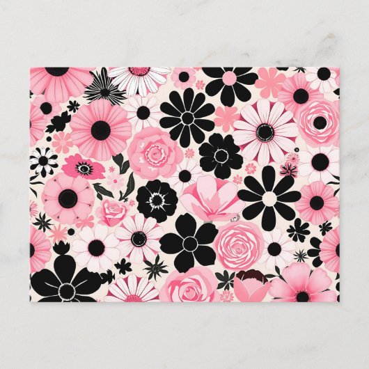Roze en zwarte retro botanische bloemen patroon briefkaart (Voorkant)