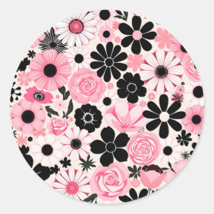 Roze en zwarte retro botanische bloemen patroon ronde sticker