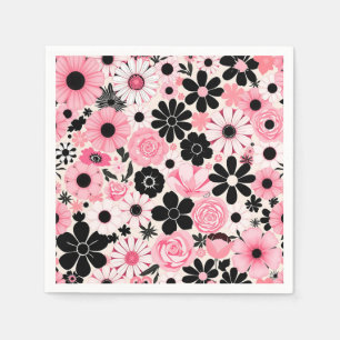 Roze en zwarte retro botanische bloemen patroon servet