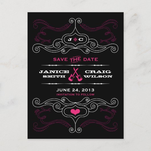 Roze en zwarte Rock 'n' Roll muziek thema bruiloft Aankondigingskaart (Voorkant)