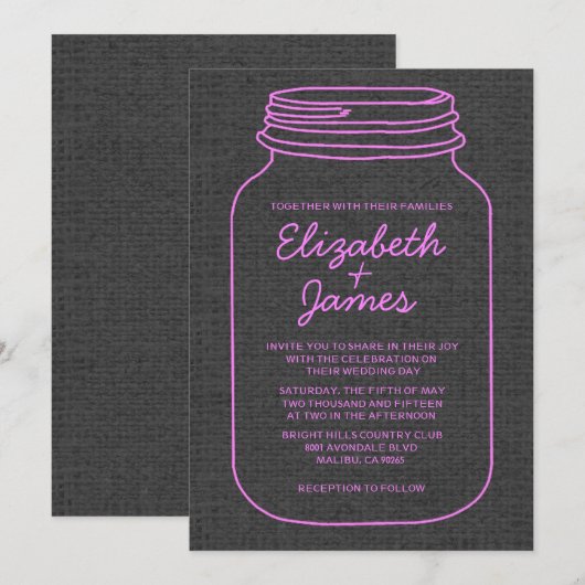 Roze en zwarte roestachtige Mason Jar Wedding Invi Kaart (Voorkant / Achterkant)
