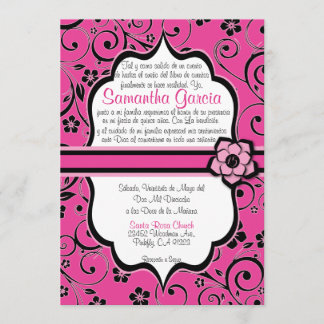 Roze en zwarte Spaanse Quinceañera Kaart