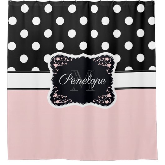 Roze en zwarte Stippen Douchegordijn (Voorkant)