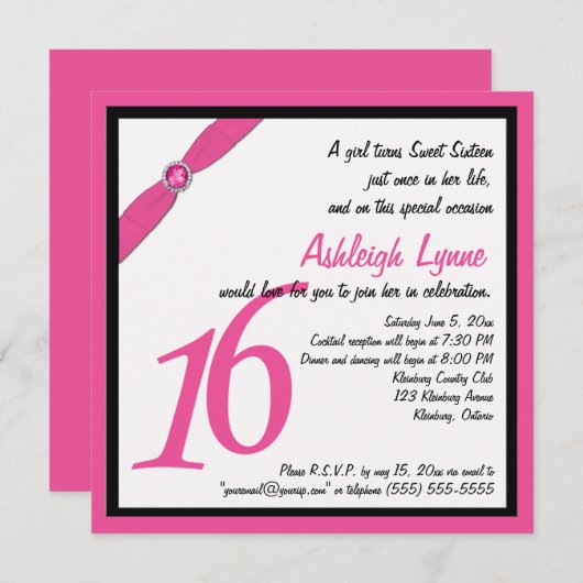 Roze en Zwarte Vierkant Zachte Zestien Uitnodiging (Voorkant / Achterkant)