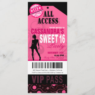 Roze en zwarte VIP Sweet 16 Ticket Party Kaart