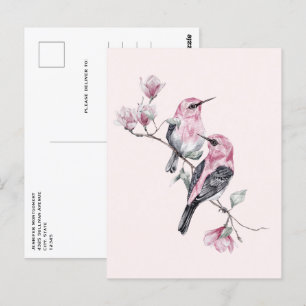 Roze en zwarte vogels op een boomtak briefkaart