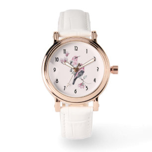 Roze en zwarte vogels op een boomtak horloge