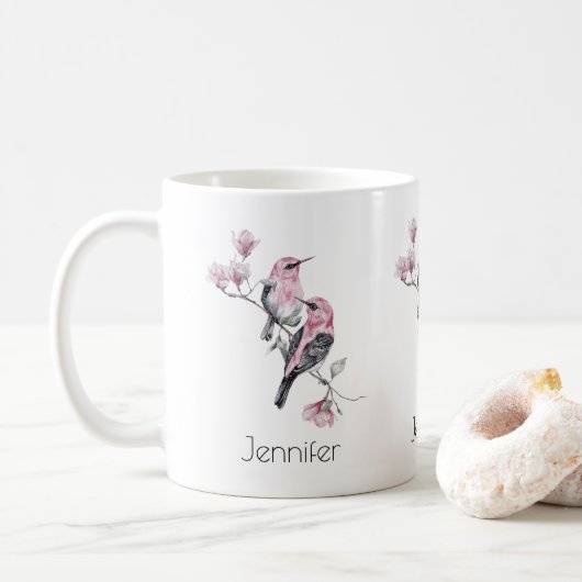 Roze en zwarte vogels op een boomtak koffiemok (Met donut)
