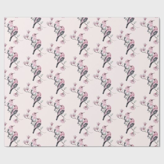 Roze en zwarte vogels op een boomtak patroon cadeaupapier (Vlak)