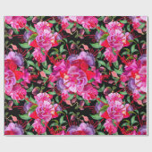 Roze en zwarte Waterverf Fuchsia bloeit Cadeaupapier (Vlak)
