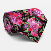 Roze en zwarte Waterverf Fuchsia bloeit Stropdas (Opgerold)
