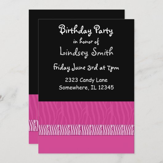 Roze en zwarte zebra Afdrukdag uitnodiging (Voorkant / Achterkant)