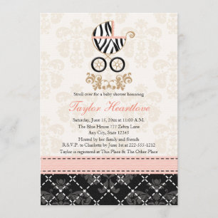Roze en zwarte zebra Print Carriage Baby shower Kaart