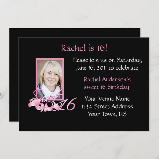 Roze en zwarte zoet 16 Uitnodiging (Voorkant / Achterkant)