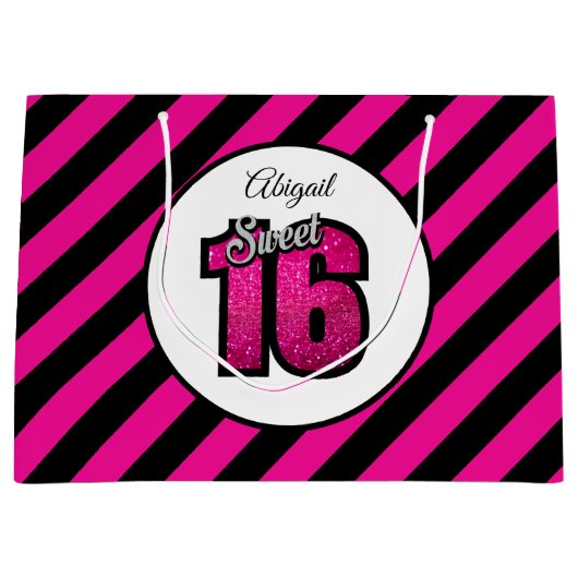 Roze en zwarte zoete 16 Glitter Birthday Large Gif Groot Cadeauzakje (Voorkant)