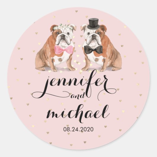 Roze Engelse Bulldog bruiloft Ronde Sticker (Voorkant)