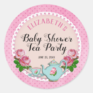 Roze Engelstalige Baby Tea Party Shower Ronde Sticker