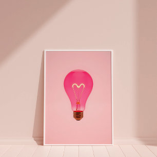 Roze esthetische gloeilamp met hartfilament poster
