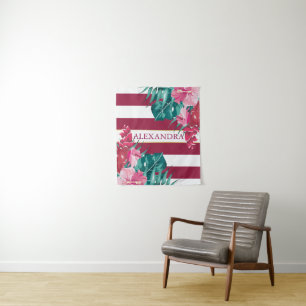 Roze exotische bloemen gestript door Bourgogne Wandkleed