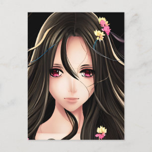 Roze Eyed Brunette Anime Meisje Cartoon Briefkaart