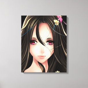 Roze Eyed Brunette Anime Meisje Cartoon Canvas Afdruk