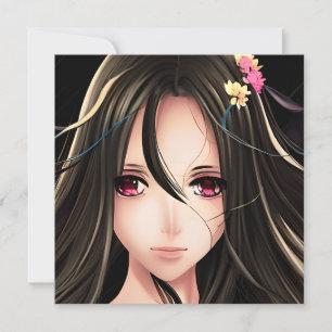 Roze Eyed Brunette Anime Meisje Cartoon Kaart