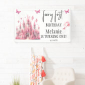Roze Fairy Castle Roze Vlinders Eerste Verjaardag Spandoek (Insitu)
