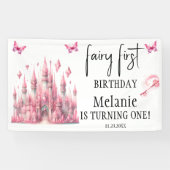 Roze Fairy Castle Roze Vlinders Eerste Verjaardag Spandoek (Horizontaal)