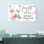 Roze Fairy Tiara Roze Vlinders Eerste Verjaardag Spandoek (Beurs)
