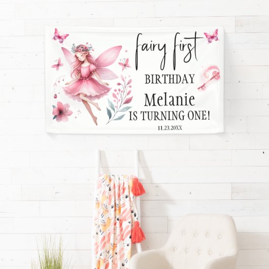 Roze Fairy Vlinders Magic Wand Eerste Verjaardag Spandoek (Insitu)