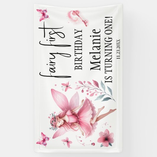 Roze Fairy Vlinders Magic Wand Eerste Verjaardag Spandoek (Verticaal)