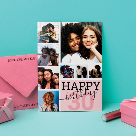 Roze familie vrienden Foto Collage Happy Birthday Kaart