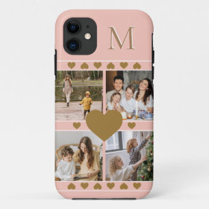 Roze familiefoilet met foto van Gold Heart-monogra iPhone 11 Hoesje