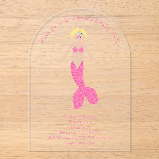 roze fantasie zeemeermin aangepaste verjaardagsfe acryl uitnodigingen (Voorkant)