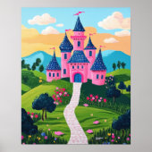 Roze Fantasy Castle Sunset Landschap Muur Kunst Poster (Voorkant)