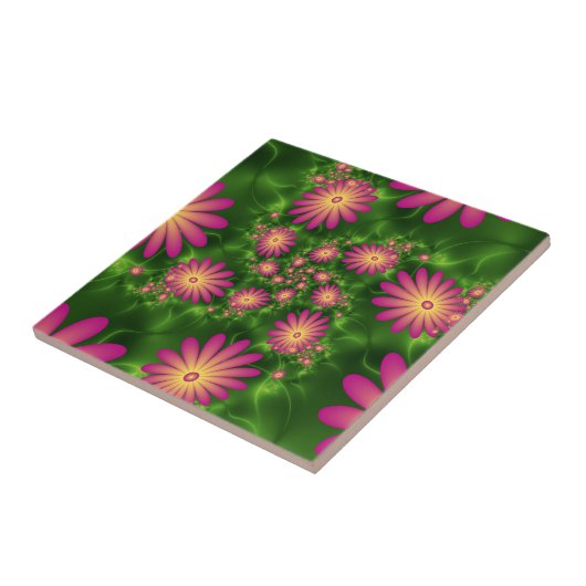 Roze fantasy Flowers Modern Abstract fractal Art Tegeltje (Zijkant)