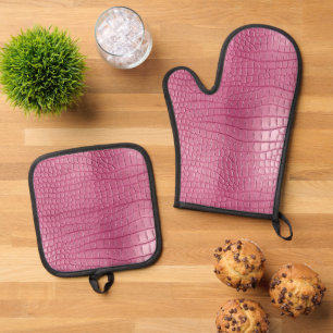 Roze Faux Alligator Animal Print Ovenwant & Pannenlap Set