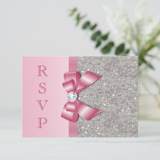 Roze Faux Bow & Diamonds RSVP (Staand voorkant)