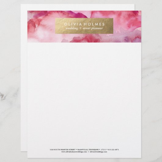 Roze Faux Folie Waterverf Letterhead Gepersonaliseerd Briefhoofd (Voorkant / Achterkant)