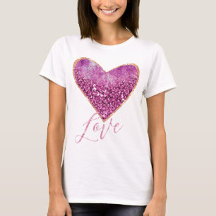 Roze faux Glitter Gold Border Heart Love T-shirt